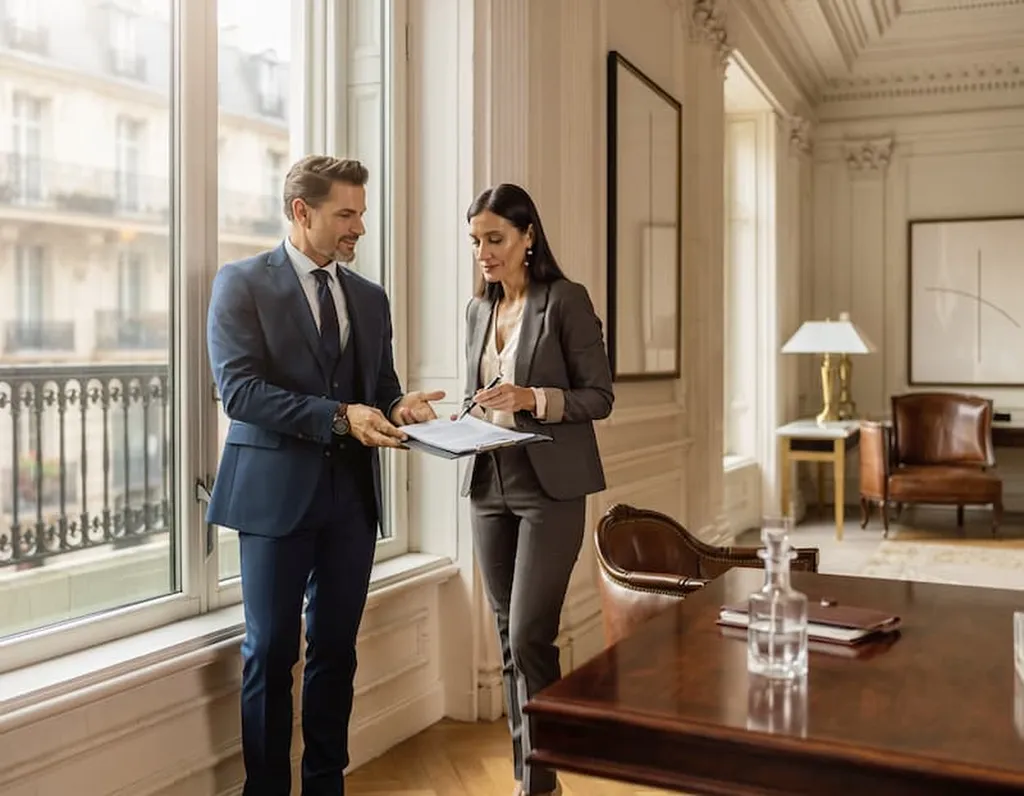Une réunion diplomatique et professionnelle dans un bureau élégant à Paris, illustrant le partenariat entre une ambassade et une agence de business development pour l'expansion d'entreprises IT.