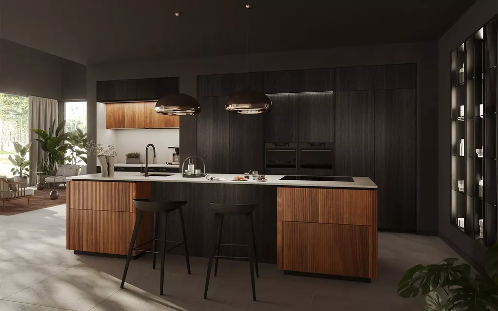 Cuisine avec façades en bois rainuré et bois noir  