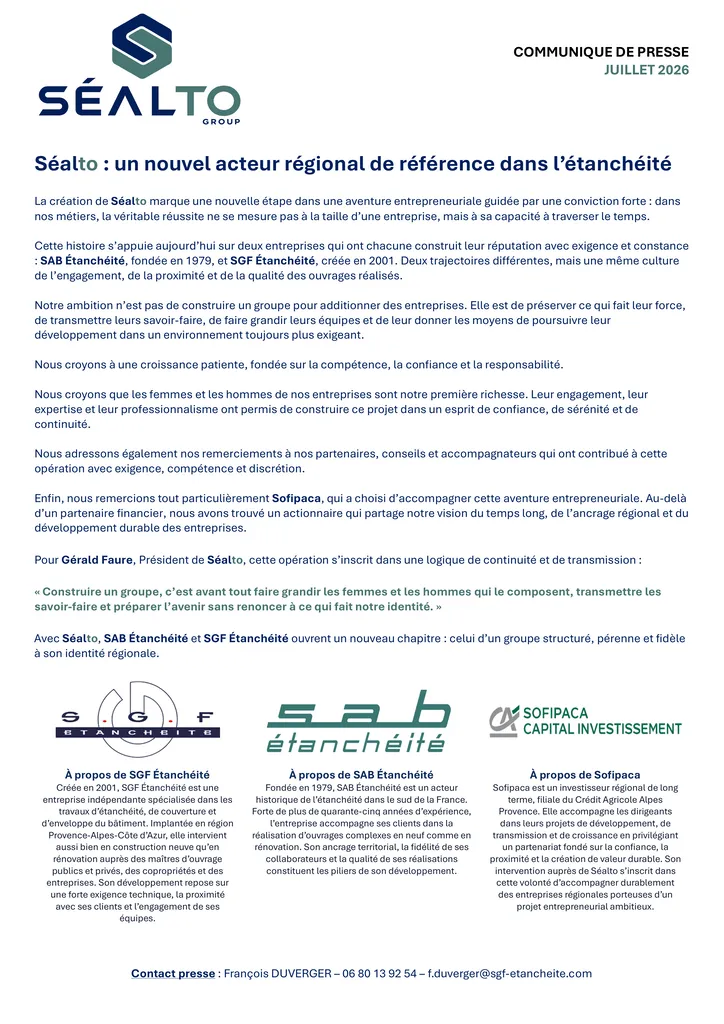 Avec Séalto, SAB Étanchéité et SGF Étanchéité ouvrent un nouveau chapitre : celui d’un groupe structuré, pérenne et fidèle à son identité régionale.