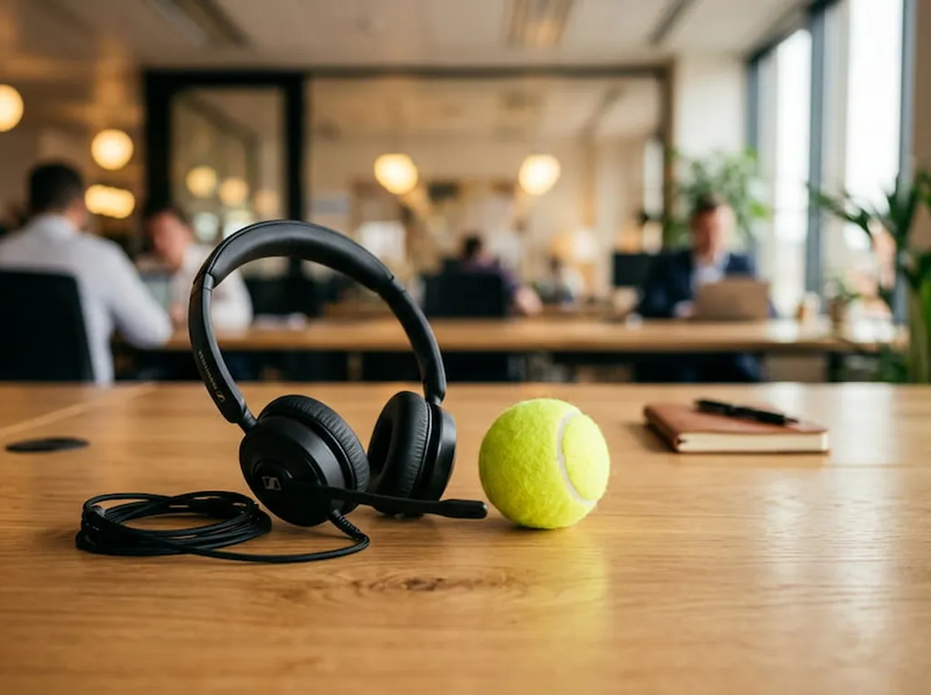 Casque de téléprospection posé à côté d'une balle de tennis sur de la terre battue