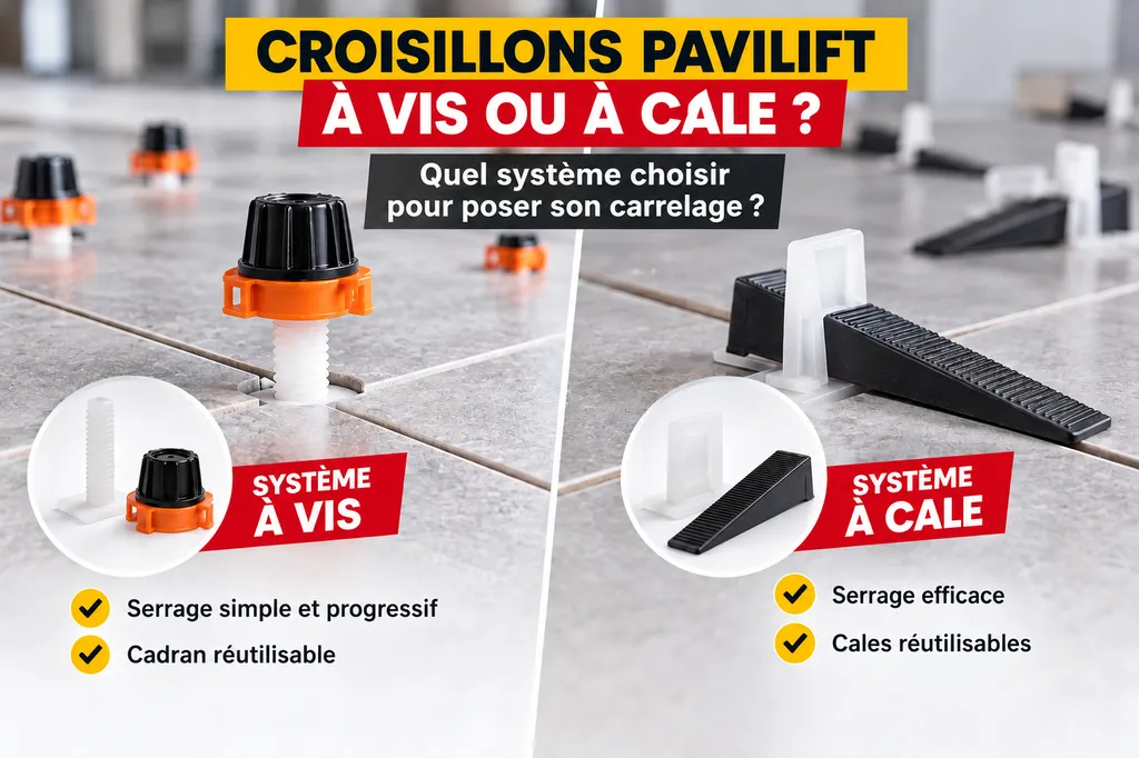 Croisillons Pavilift à vis ou à cale : découvrez les différences entre les deux systèmes et choisissez la solution adaptée à votre pose de carrelage.