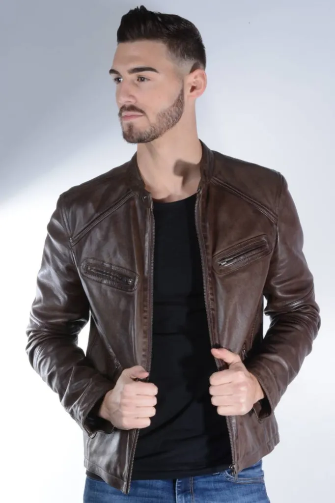 blouson cuir marron Giovanni homme