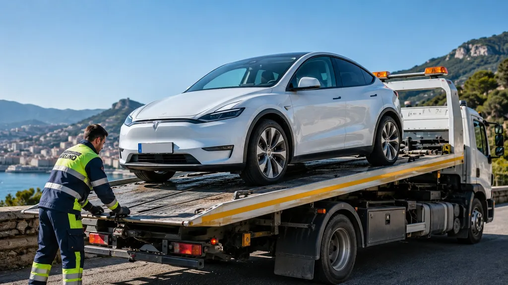 Remorquage sécurisé d'une voiture électrique à Marseille sur camion plateau
