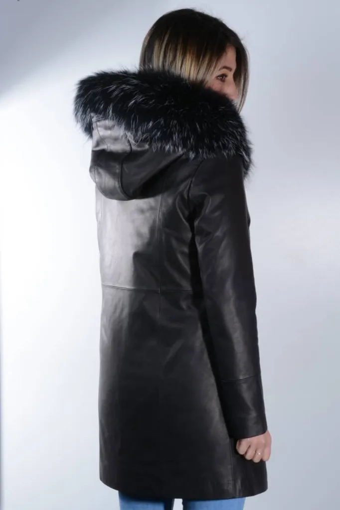 manteau cuir noir capuche Giovanni femme