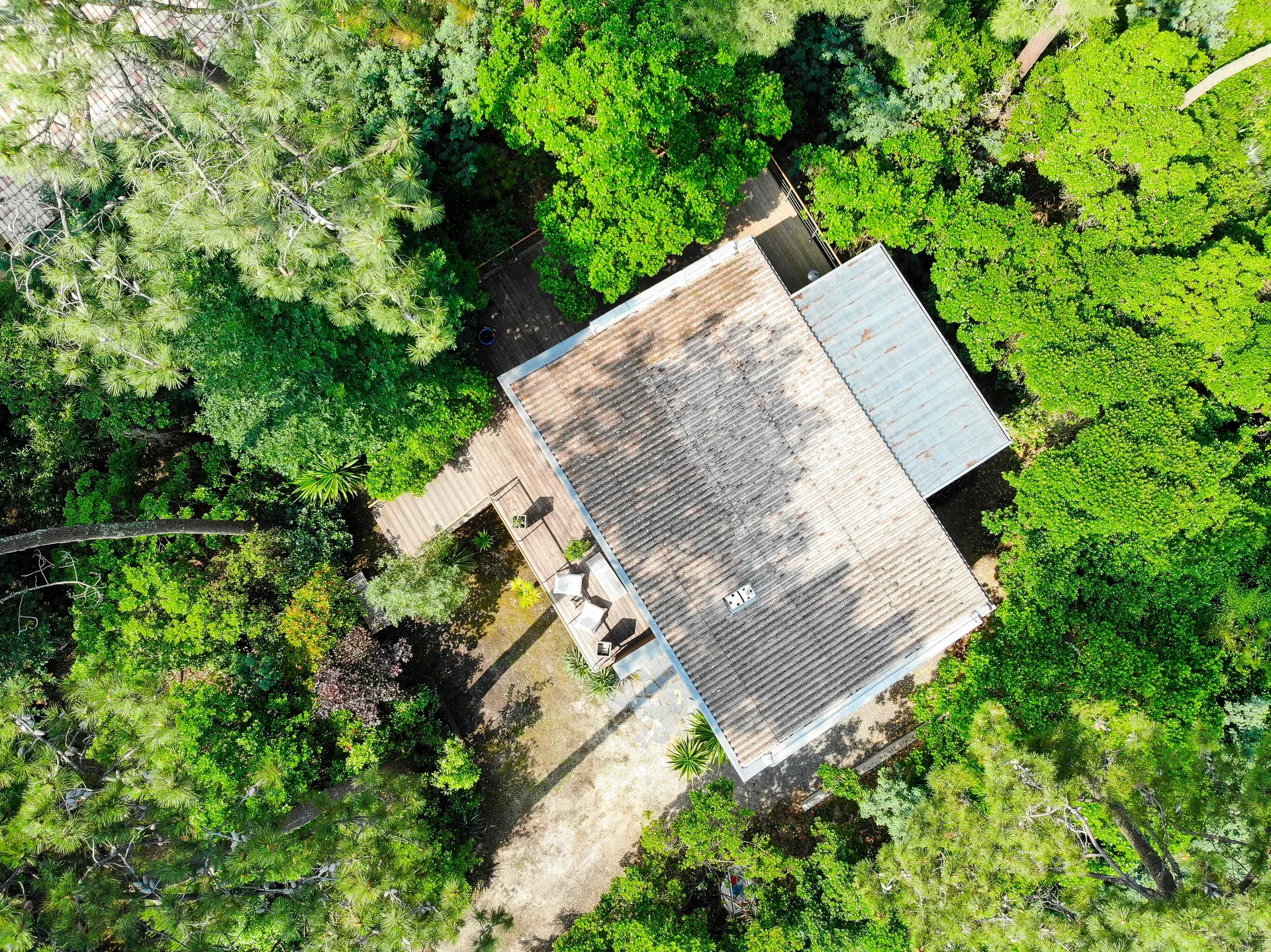 Vue aérienne de la maison dans la pinède  AKIKO ARCHITECTURE — Piraillan, Cap-Ferret — transformation globale Depuis le ciel, la maison révèle sa situation exceptionnelle au cœur d’un écrin végétal. L’extension se lit en continuité du volume existant, dis