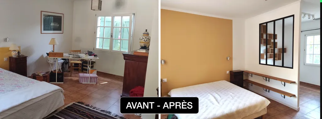 Aménager une suite parentale sur mesure espace lit et bureau verrière noir