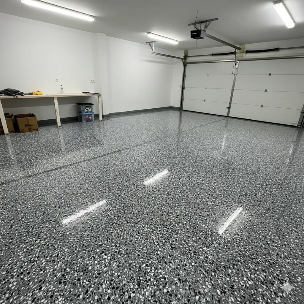 Application professionnelle de résine polyaspartique pailletée avec finition PVC dans un garage double à Mérignac proche de Saint-Médard-en-Jalles