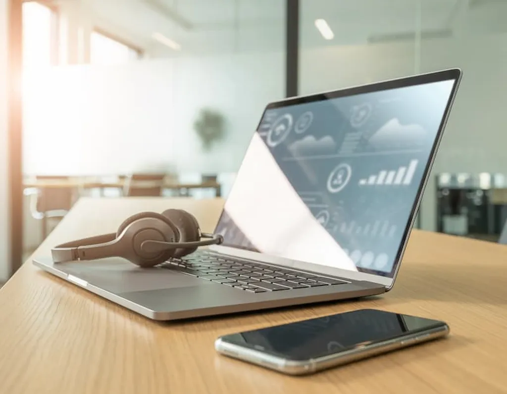 Un bureau moderne avec un ordinateur affichant des outils de prospection B2B et un casque, symbolisant l'efficacité de la technologie dans la génération de leads.