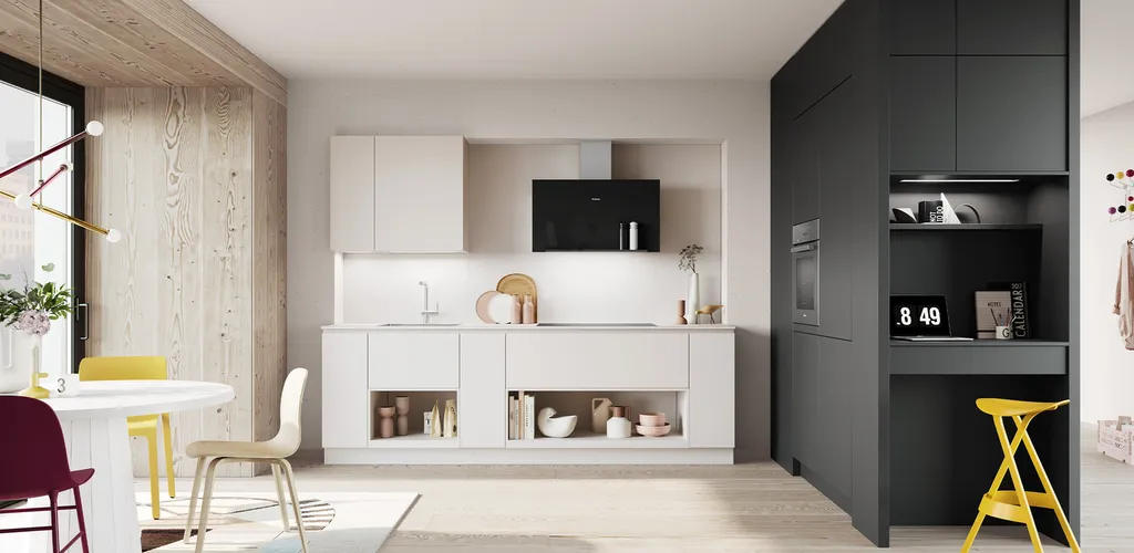 Cuisine avec espace bureau intégré pour optimiser l'espace disponnible