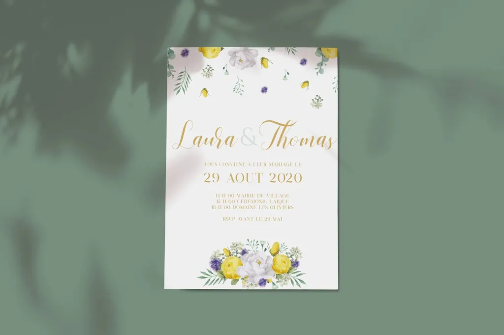 faire part mariage fleur jaune et bleue  