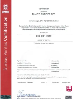 Certificat ISO 9001 pour les tuiles métalliques IKO Metals