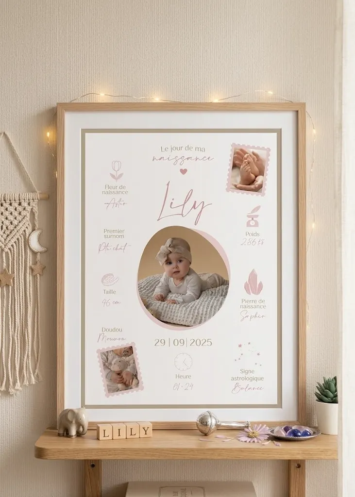 graphiste à Fréjus pour affiche souvenir naissance bébé personnalisable au couleur de la chambre de l'enfant 