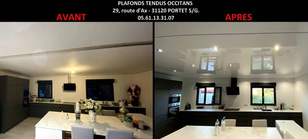 Plafond tendu laqué brillant séjour cuisine chantier sur Aussonne