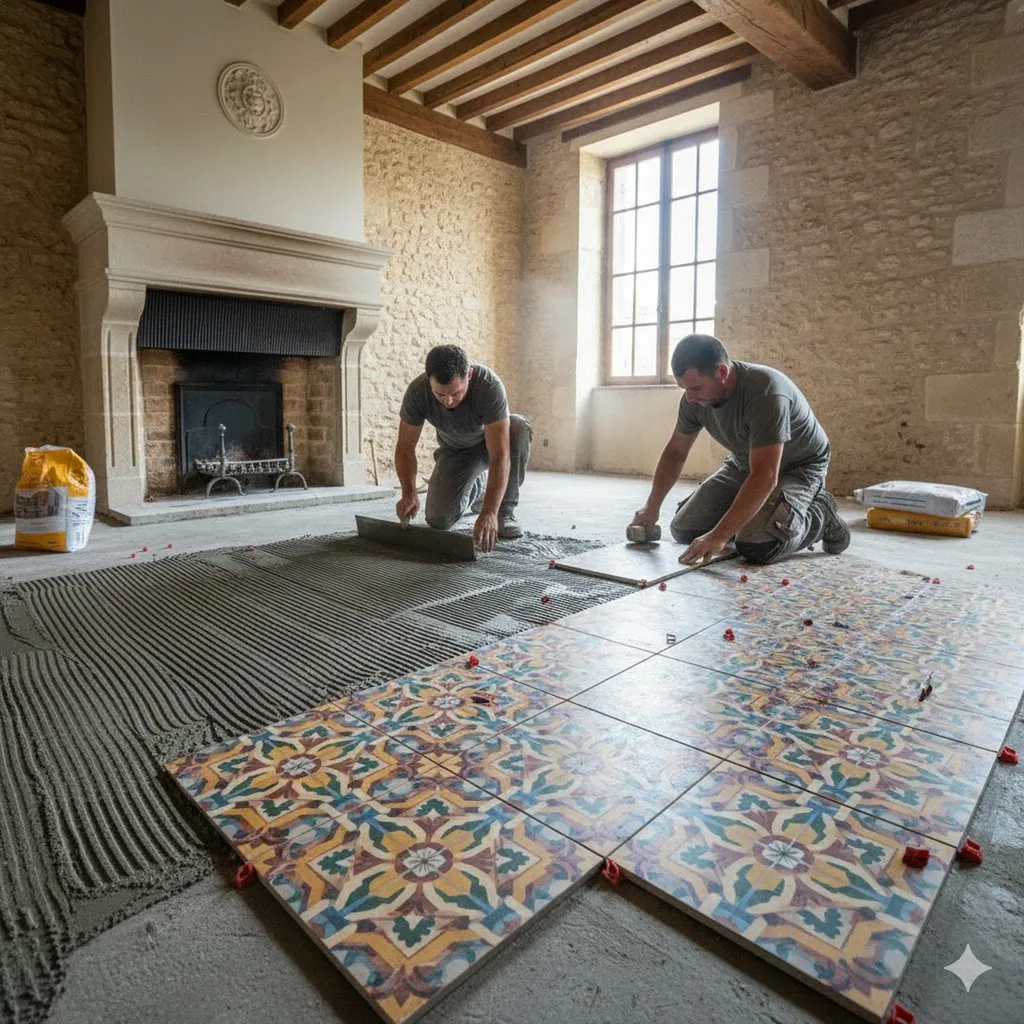 Rénovation sol échoppe Bordeaux avec carreaux de ciment motifs anciens