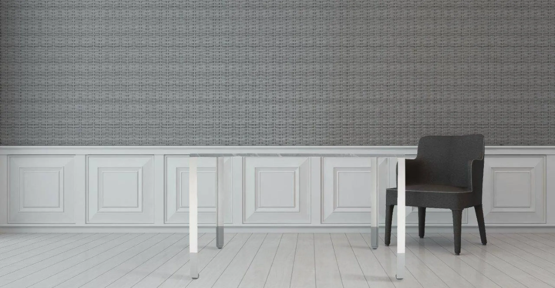 Connie: table bureau design en marbre bleu de savoie, pieds acier laqué blanc et gris brillant