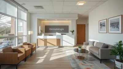 Accueil et salle d'attente d'un cabinet dermatologique lumineux, actuel et chaleureux