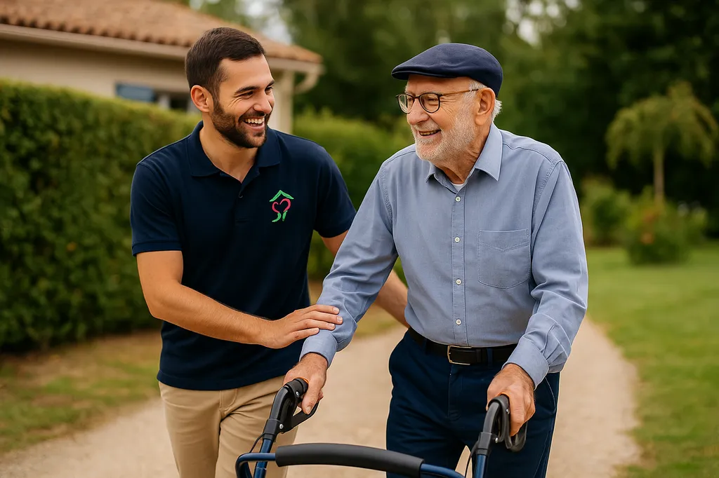Auxiliaire de vie masculin accompagnant un senior lors d’une promenade à domicile dans le Var, un soutien humain et professionnel avec Le Temps Retrouvé.