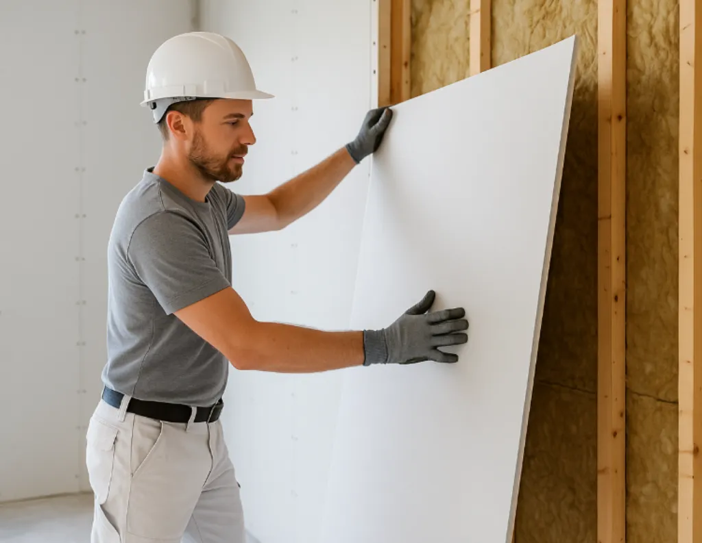 Plaquiste Bassin d’Arcachon posant une plaque de plâtre dans une maison en rénovation