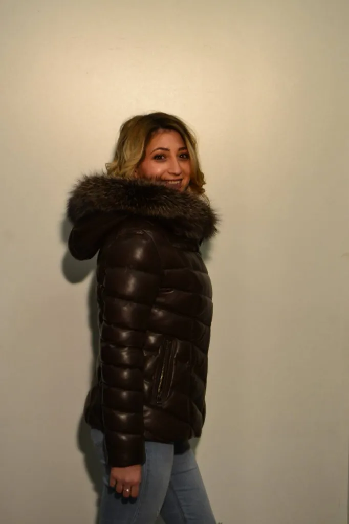 doudoune capuche cuir marron femme