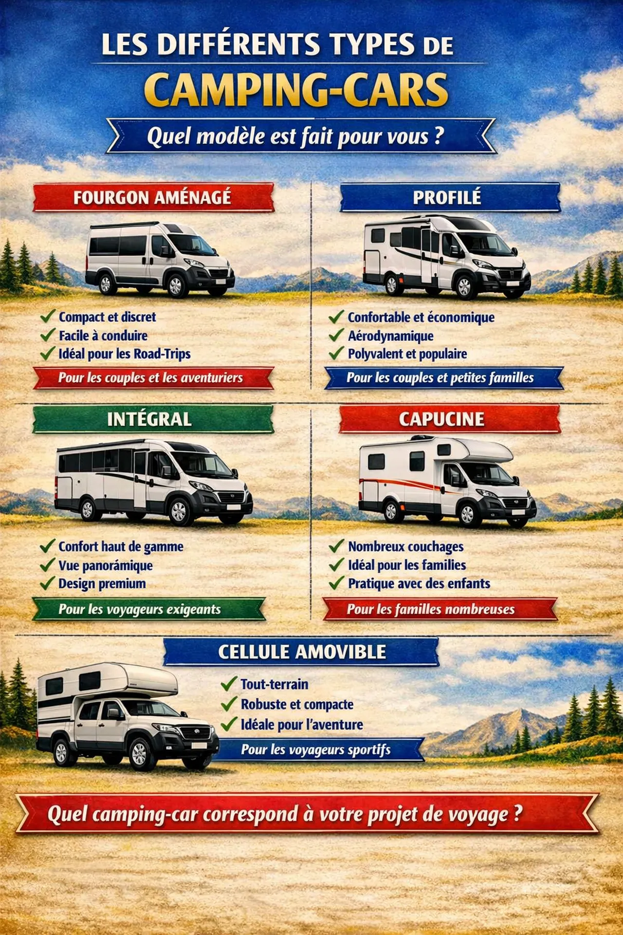 Types de camping-cars pour voyager en Dordogne et Charente : fourgon, profilé, intégral, capucine et cellule amovible. Trouvez le modèle idéal pour explorer la Nouvelle-Aquitaine en toute liberté.