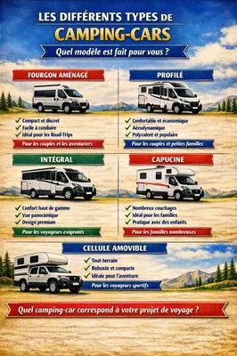 Types de camping-cars pour voyager en Dordogne et Charente : fourgon, profilé, intégral, capucine et cellule amovible. Trouvez le modèle idéal pour explorer la Nouvelle-Aquitaine en toute liberté.