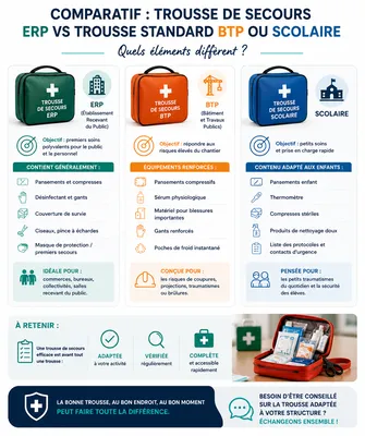 Comparatif entre trousse de secours ERP, BTP et scolaire avec équipements adaptés à Marseille