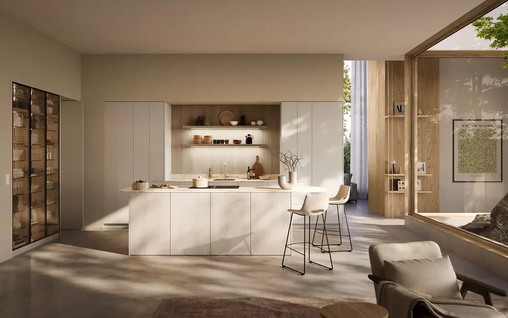 Cuisine minimaliste, avec un ilot central une niche et des étagères en Haute Garonne 
