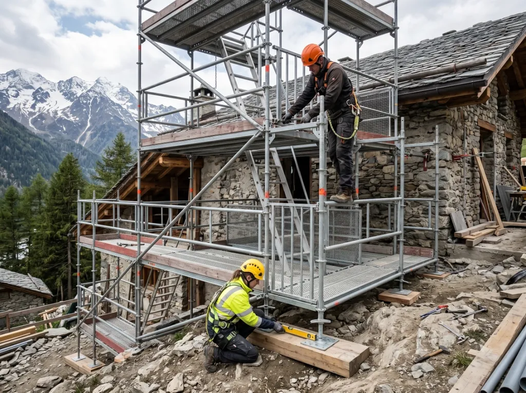 Échafaudage technique installé sur terrain en pente avec contrôle des appuis et des points d’ancrage