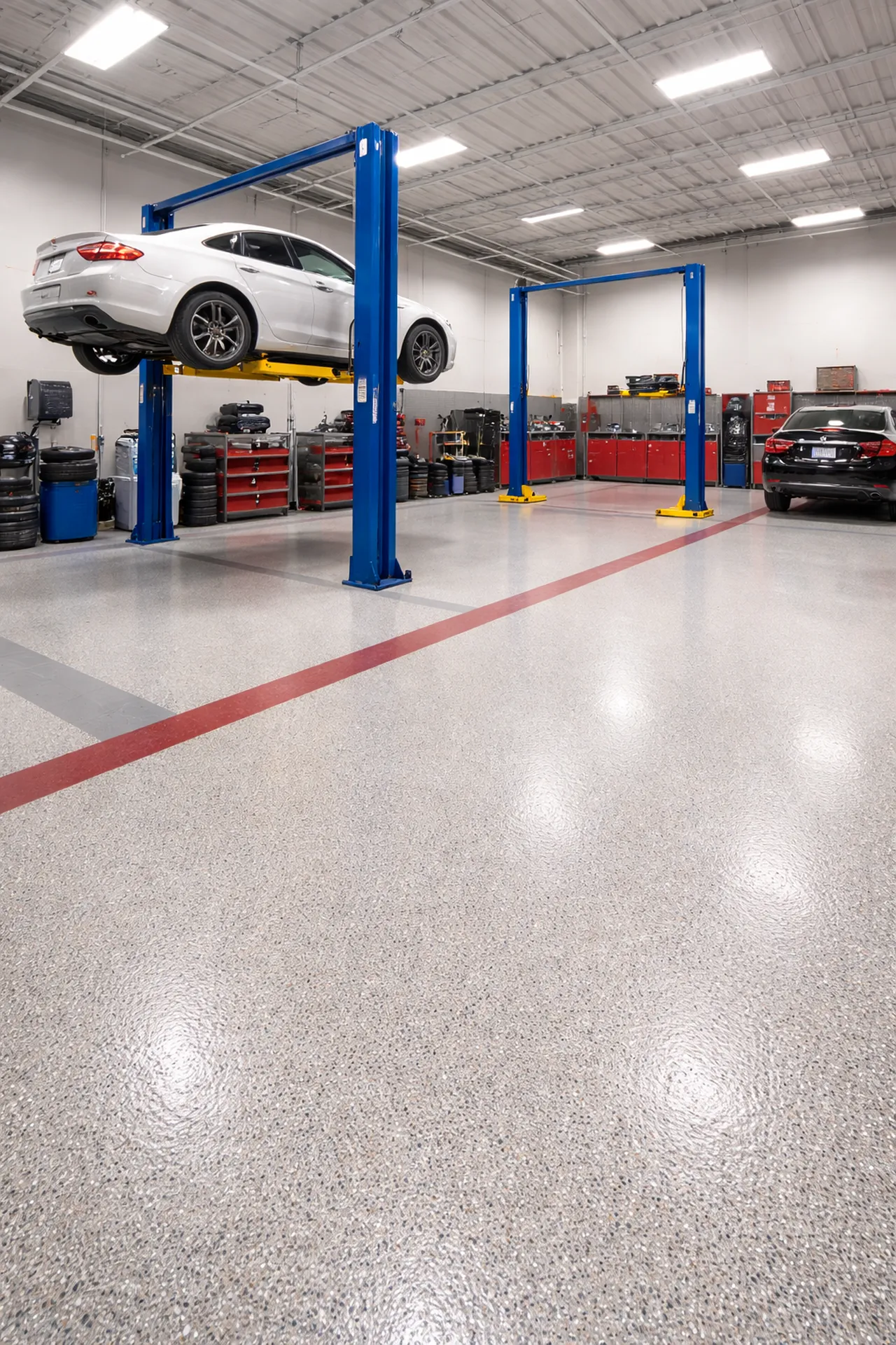 Installation de résine époxy quartz Color avec finition minérale dans un garage professionnel à Saint-Émilion près de Libourne en Gironde.