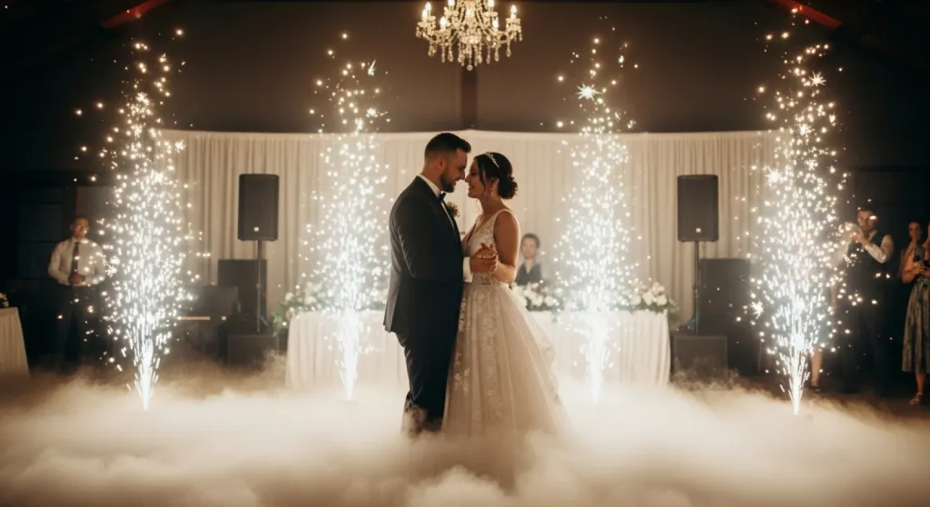Effets spéciaux avec jets d’étincelles intérieurs et machine à fumée lourde pour ouverture de bal de mariage à Toulouse