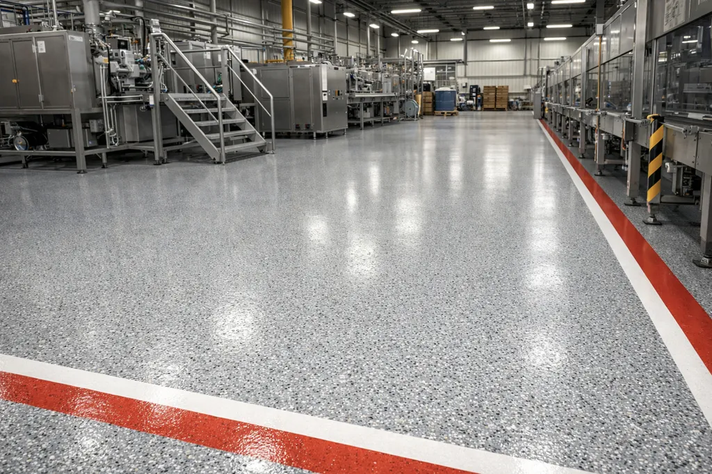 Application d’un système de résine époxy quartz Color haute résistance mécanique pour sol d’atelier de production industrielle situé à Talence, à proximité immédiate de Villenave-d’Ornon