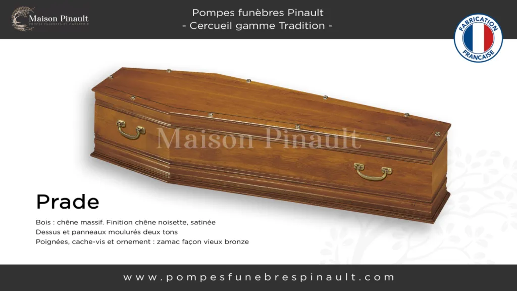 cercueil Prade gamme Tradition forme parisienne chêne massif  couleur noisette Pompes funèbres Pinault