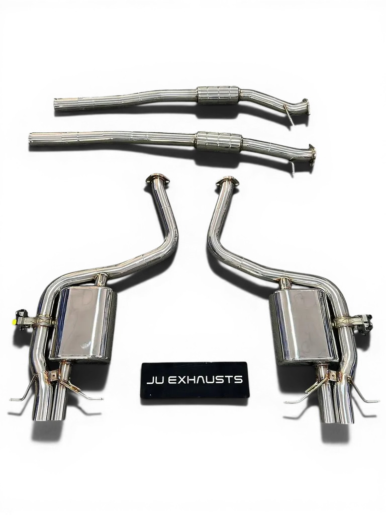 Ligne d’échappement cat-back à valves JU Exhaust pour Mercedes-Benz Classe S W222 et S63 AMG. Système haute performance en inox, compatible S400 à S600 et AMG S63, offrant une sonorité sportive réglable, une réduction des contre-pressions et une expérienc