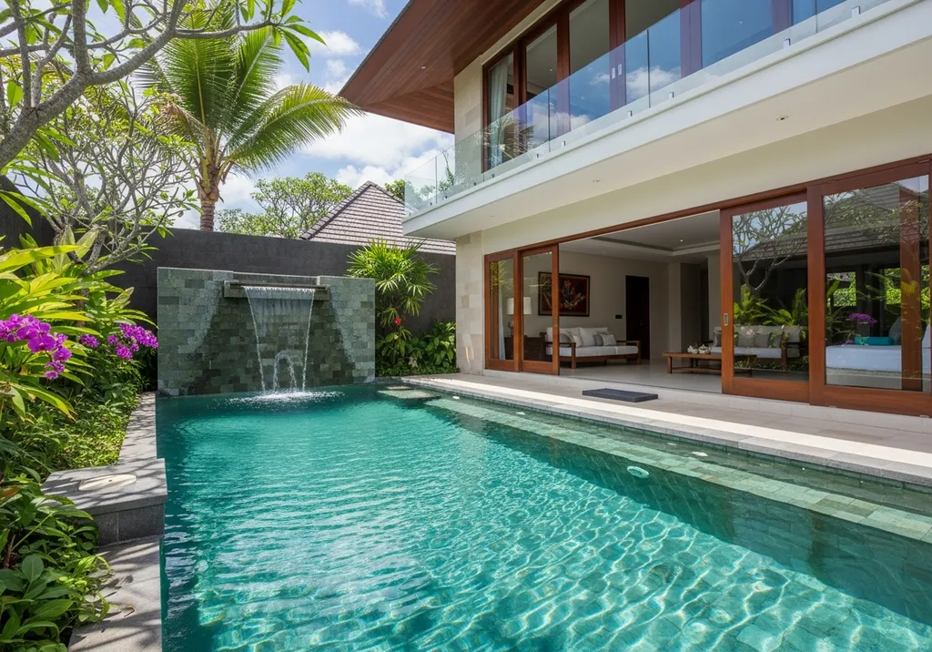 Tendances actuelles des piscines haut de gamme revêtement Bali miroir débordement et cascades sur mesure élégantes durables