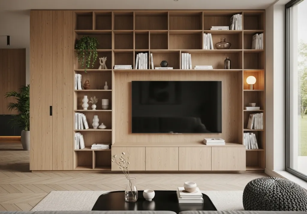 Bibliothèque sur mesure avec TV intégrée : un aménagement alliant design et harmonie pour s'intégrer dans votre salon