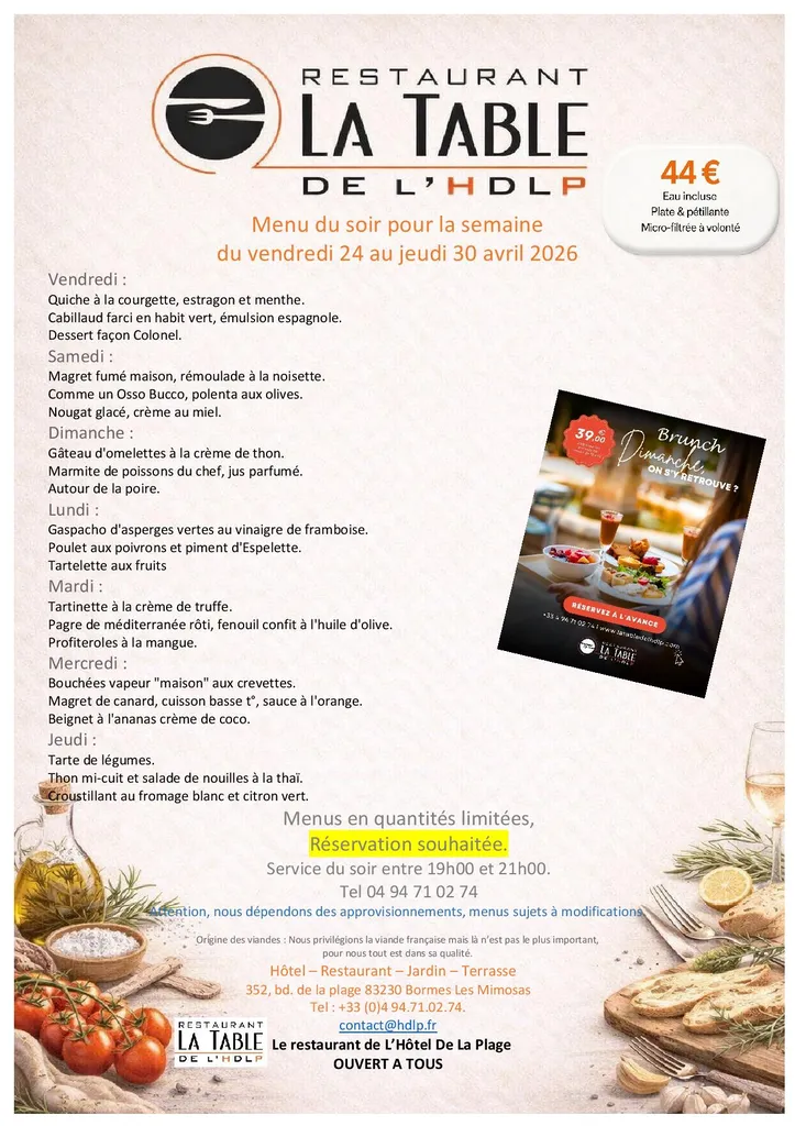 Menu du soir restaurant à Bormes-Les-Mimosas semaine du 24 au 30 avril - La Table de L'HDLPL-Hôtel de La Plage. 