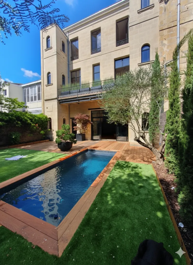Mini Piscine rectangulaire avec membrane gris béton sur une terrasse bois  à Bordeaux