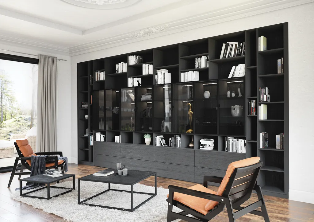 Bibliothèque sur-mesure noire et grise anthracite avec vitres fumées