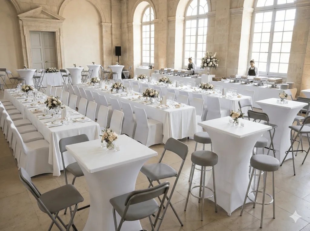 Location tables rectangulaires mange-debout chaises Miami pliantes Auteuil tabourets hauts avec housses pour réception à Marseille et ses alentours