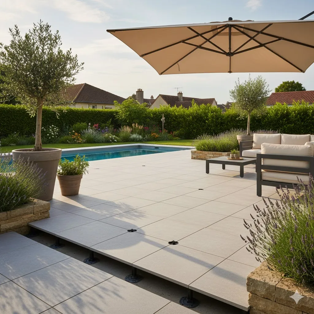 Terrasse extérieure en carrelage grès cérame sur plots à Bordeaux jardin