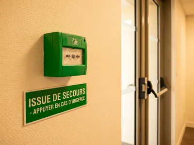 Déclencheur manuel vert (DM Vert) installé à proximité issue de secours, bouton-poussoir vert membrane déformable, libération immédiate porte verrouillée électriquement