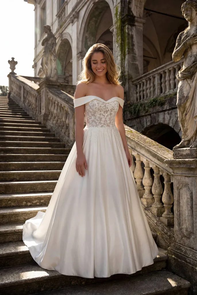 Robe de mariée en satin avec manches bateau et corset en dentelle à Marignane 