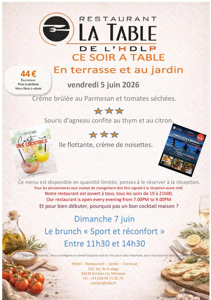 Menu du soir restaurant à Bormes Les Mimosas La Table de L'HDLP ce vendredi 5 juin.