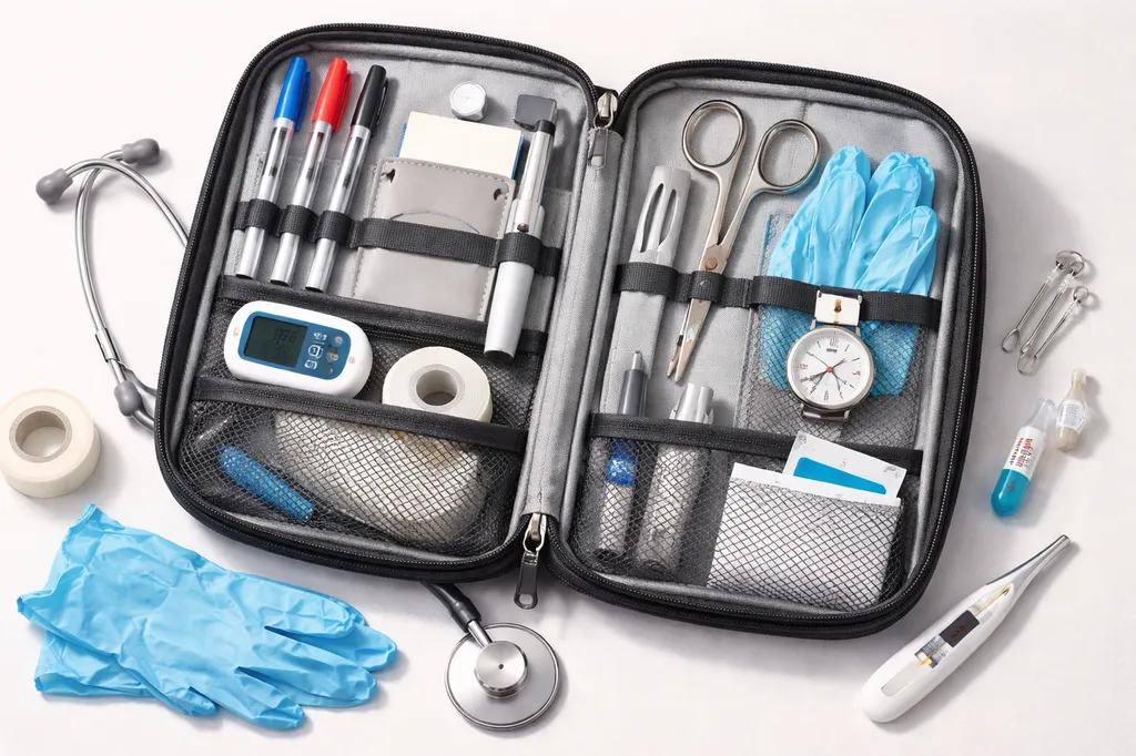 Trousse et accessoires indispensables pour infirmières et aides-soignants, incluant stylos, ciseaux, gants et montre, pour un travail efficace et organisé au quotidien à Besançon