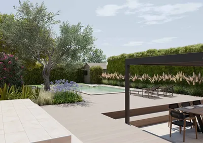Terrasse en bois sur mesure à Pélissanne 13330, créant une transition harmonieuse entre espace extérieur et jardin