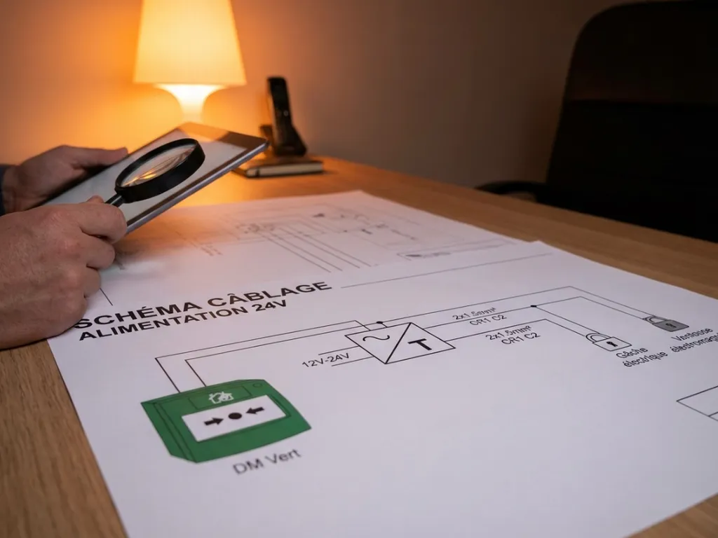 Schéma câblage déclencheur manuel vert DM Vert en série avec alimentation 12-24V, transformateur → contact DM Vert → gâche électrique/ventouse électromagnétique, câble 2×1,5 mm² résistant feu CR1/C2
