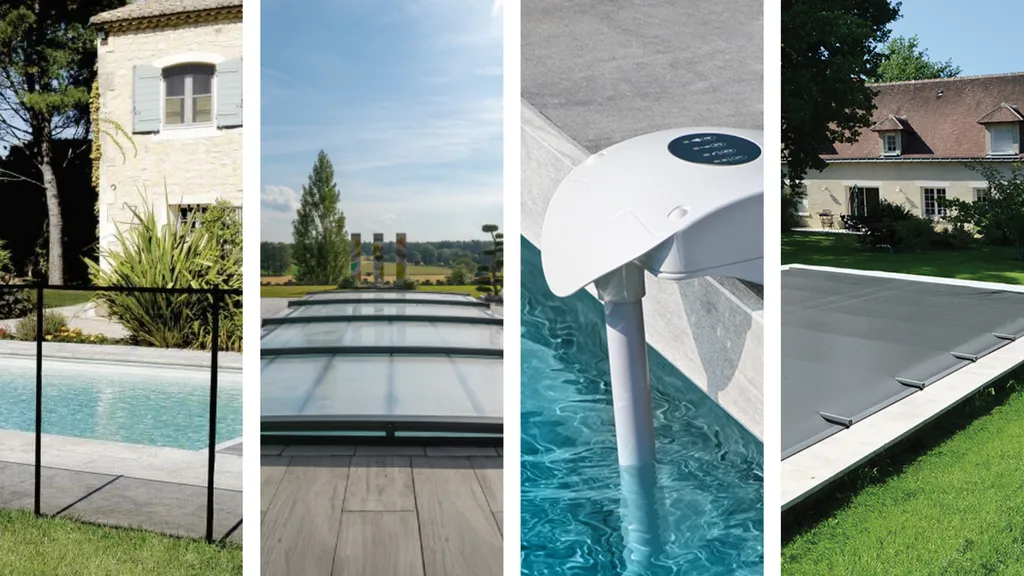 Dispositifs de sécurité homologués installés autour d’une piscine coque polyester à La Crau : barrière, alarme, volet roulant et abri pour une protection optimale.