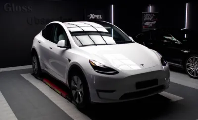 Véhicule électrique tesla model Y Film de protection carrosserie transparent Xpel Ultimate Plus protégé en Bretagne dans le Morbihan à Saint-Avé près de Vannes