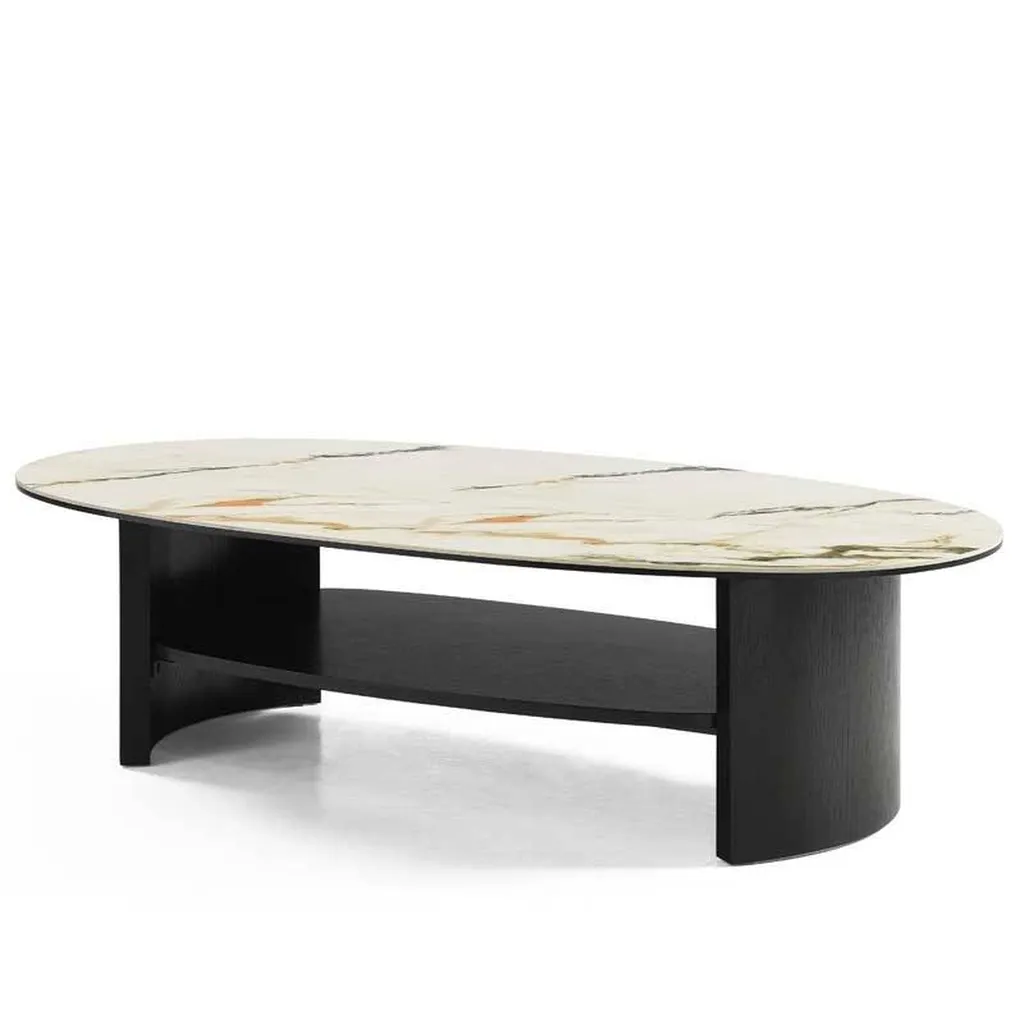 table basse ovale avec plateau en céramique marbre chez Alliance Tiffany
