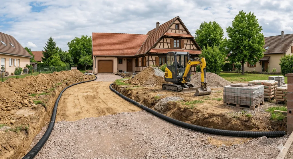 Terrassement pour création d'allée carrossable et accès garage avec décaissement pose de fondations drainage et revêtement stabilisé pour particuliers à Haguenau proche Bischwiller